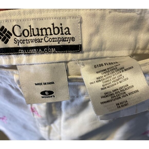 Columbia White Summer Palm Tree Flamingo Embroidered Cropped Pants Sz 6 - Picture 8 of 8